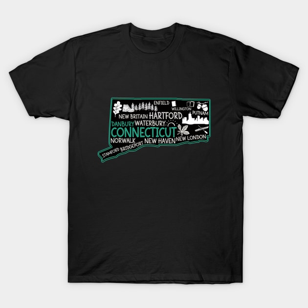 Connecticut Danbury cute map Waterbury New Haven Enfield Willington Putnam Norwalk Stamford Bridgeport T-Shirt by BoogieCreates